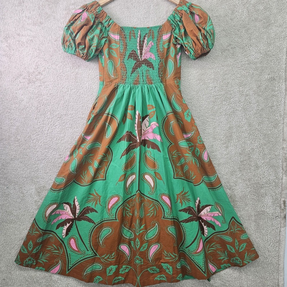 Maeve Anthropologie Dress Womens 2 Green Sweetheart Fit Flare Boho Tropical Midi - Picture 3 of 16